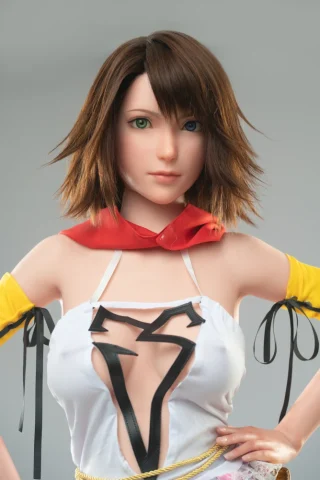 Yuna 167cm D Cup doll with fair skin, wearing a white top with a deep cut and colorful sleeves, styled hair, and a red scarf.