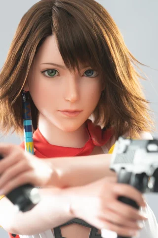 Yuna 167cm D Cup Fair Skin holds two pistols, wearing a white and red outfit with a confident expression.