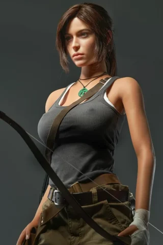 Lara Croft 166cm stands confidently with a bow, wearing a tank top and cargo pants, featuring a green necklace.