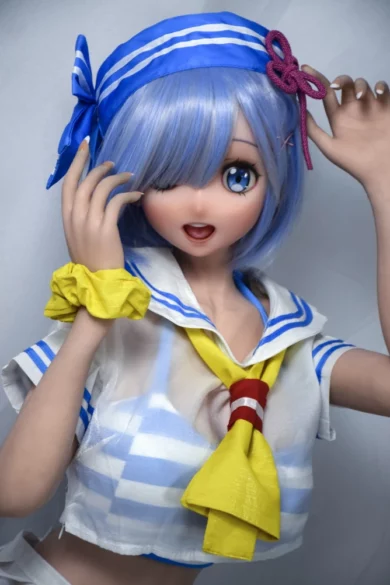 Mishima Miyo 148cm ElsaBabe love doll with blue hair in sailor outfit, posing elegantly with one hand raised.