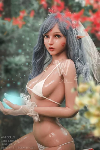 WM Doll 160cm B Cup #432 head (6) with light tan skin, wearing a white bikini and veil, holding a glowing orb in a floral setting.