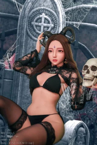 WM Doll 160cm D Cup #443 head, featuring a woman with long brown hair, wearing a black lace top and bikini, posed with a skull in a dark, gothic setting.