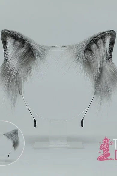 Gray furry cat ears headband with Tender Dolls logo on display stand