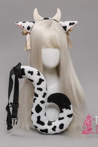Cow costume accessories with ears, horns, and a tail, featuring a black and white pattern.