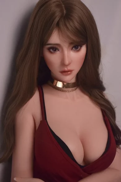 Eguchi Masami 165cm ElsaBabe M Breasts love doll with long brown hair in red dress and gold choker