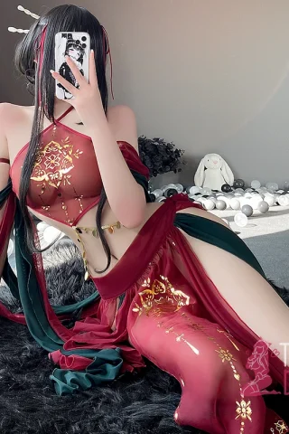 Elf harem outfit, featuring a sheer red and green ensemble with intricate gold designs, sitting pose on a dark rug.