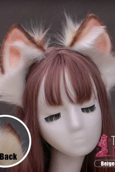 Mannequin with large fluffy white and beige fox ears and long brown hair. Inset shows ear details.