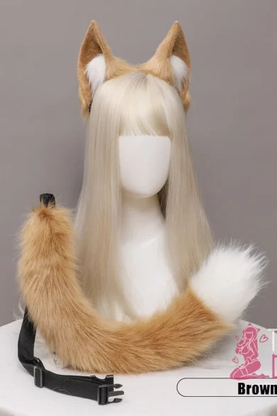 Fluffy Fox headband with blonde wig and brown ears, plus a fluffy fox tail with a white tip on display stand