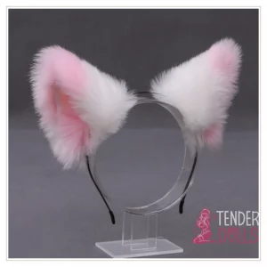 Furry Fluffy ears headband with pink and white fur on a clear stand against gray backdrop