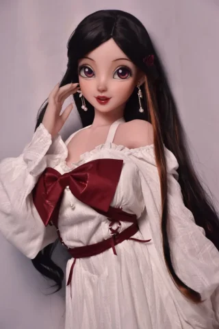 Hashimoto Ayaka 148cm DHR002 ElsaBabe wearing a white dress with a red bow, featuring long black hair and earrings.
