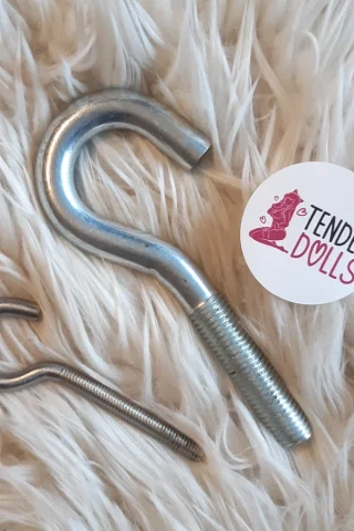 Hook Kit for Storage M16 + M8 featuring two metal hooks, one larger with a threaded shaft and one smaller, on a fluffy white background.