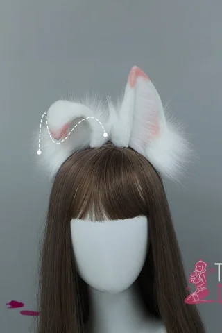 Majestic High Fox ears with white fur and pink accents, positioned on a long brown wig.