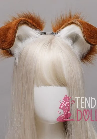 Blonde wig with large brown ears labeled Tender Dolls logo in the corner known as Puppy Ears sex doll