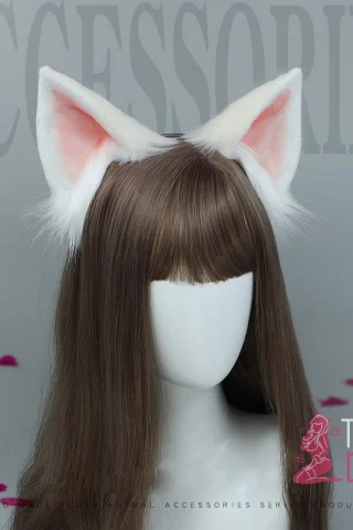 White Fox Ears headband featuring fluffy white ears with pink inner lining, set on a long brown wig.