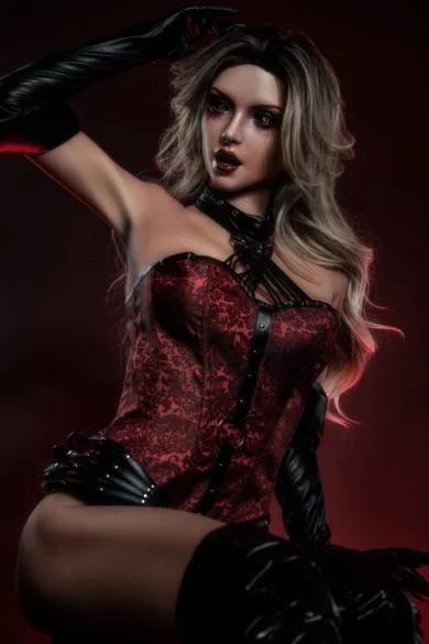 170cm figure in a vibrant red corset with long hair and bold makeup stands confidently against a dark background, exuding allure and confidence.