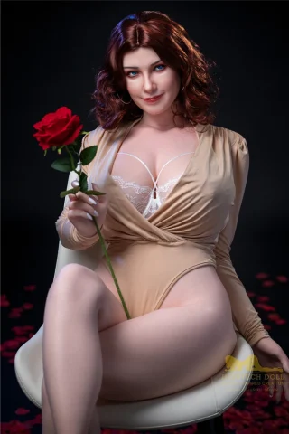 LushDoll, seated with a rose, wearing a beige bodysuit and holding a delicate pose amidst rose petals.