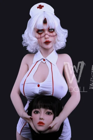 Nurse 164cm J Cup doll with white hair, wearing a nurse uniform, holding a smaller doll's head in a dark background.