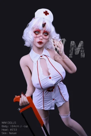 Nurse 164cm J Cup doll wearing a white nurse outfit with red accents, holding a red saw, and styled with short white hair.
