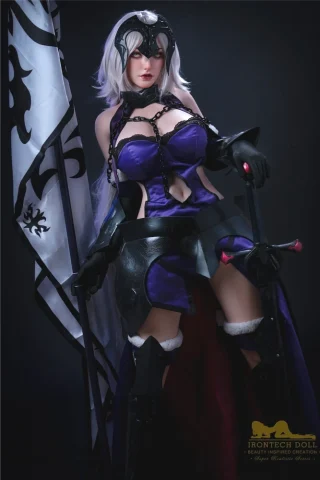 Eva S15 165cm Irontech doll in a striking black and purple costume with armor details, long white hair, and a flag backdrop.