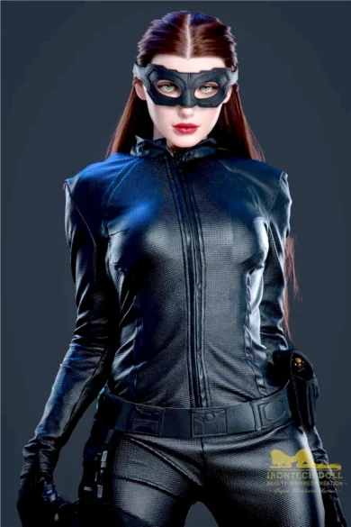 Woman in black leather superhero costume with mask and red lipstick poses against gray background