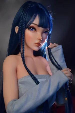 148cm Miyamoto Kyoko from DHR005 series with blue hair and side braids in gray off-shoulder outfit gazing thoughtfully