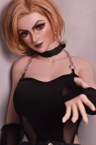 Rosalyn Clark 165cm features short blonde hair, purple eyes, a black top with a chain, and a reaching pose.