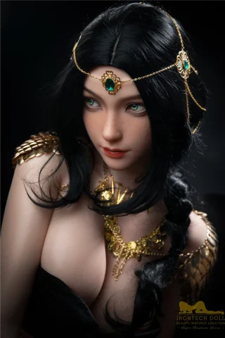 Cinderella S5 166cm C Cup Irontech doll with long black hair, wearing ornate gold jewelry and a dark outfit.