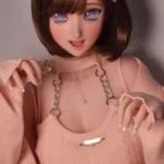 Hinata Himawari 165cm anime style love doll with brown hair, purple eyes, pink outfit, pearl necklace, and raised hands