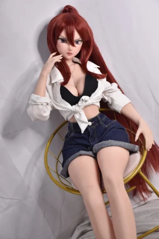 Miyazawa Ayumi 148cm sits in a gold chair wearing a tied white shirt and denim shorts, with long red hair.