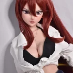 Miyazawa Ayumi 148cm anime-style sex doll with long red hair, wearing an open white shirt and black top against a simple backdrop.