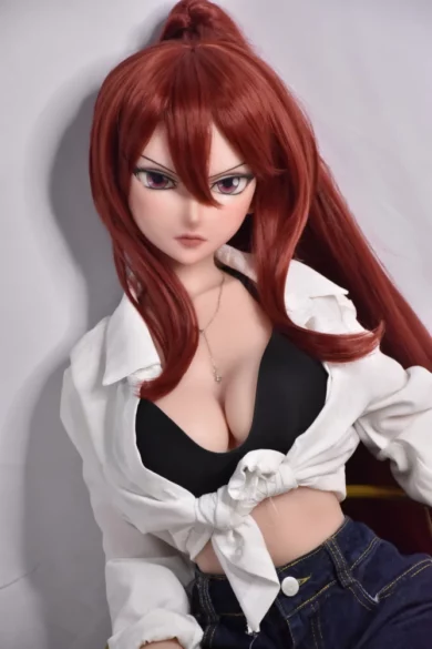 Miyazawa Ayumi 148cm anime-style sex doll with long red hair, wearing an open white shirt and black top against a simple backdrop.