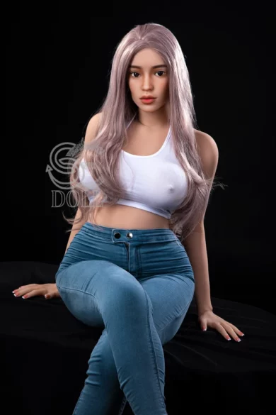 Beth 161cm G Cup #089 SE Doll with long hair in white crop top and blue jeans on black background