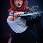 Anime-style sex doll with red hair, white top, holding a sword against a dark backdrop