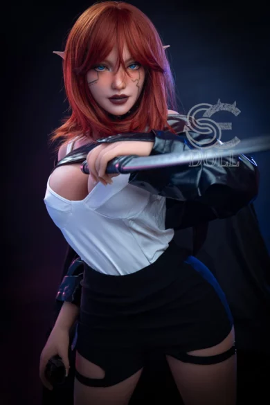 Anime-style sex doll with red hair, white top, holding a sword against a dark backdrop