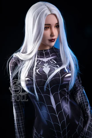 Kitty 163cm E Cup #069 SE Doll wearing a black spider-web patterned bodysuit with long silver hair and dark lipstick.