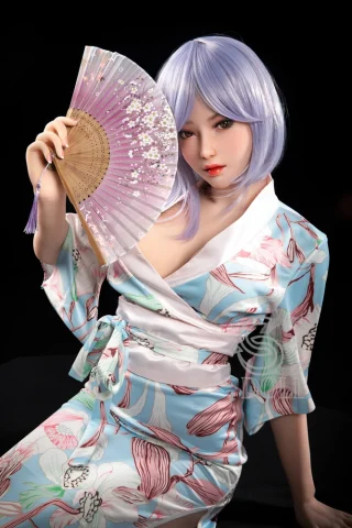 Murasaki 165cm F Cup doll wearing a floral kimono, holding a fan, with lavender hair and a dark background.