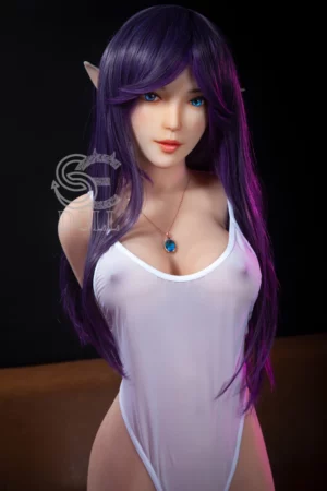 Olivia 151cm E Cup SE Doll with long purple hair, pointed ears, white outfit, and blue pendant