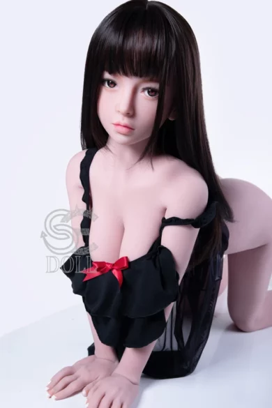 Mika 151cm E Cup #073 SED131 love doll with long hair in sleek black outfit kneeling on white surface