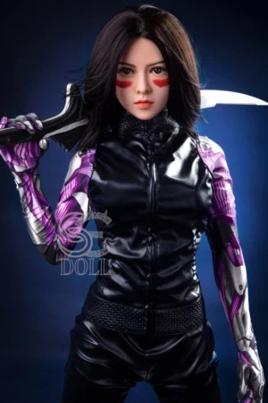 Figure of Alita Battle Angel 151cm E Cup #010 SE Doll holding a sword on her shoulder against a dark blue backdrop