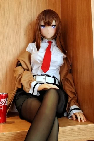 Yoko – 155cm C Cup sitting on a shelf, wearing a white shirt, red tie, and brown jacket, with black stockings.