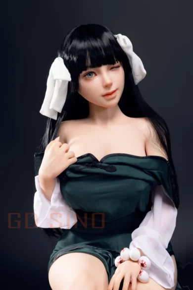 GD Cheongsam 166cm G11 sex doll with long black hair, wearing a green and white outfit, winking and holding white spheres.