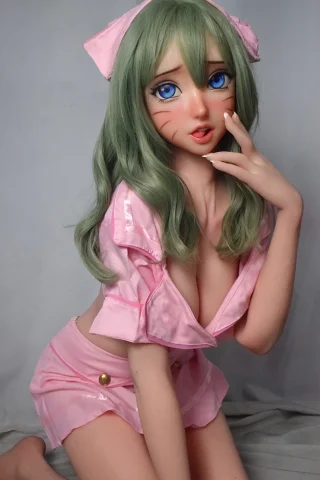 Igarashi Akiko 165cm in a pink outfit with a short skirt, green hair, and blue eyes, posing on a gray background.