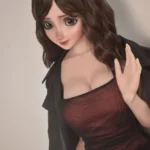 Jenny Miller 148cm anime-style sex doll with long brown hair in dark jacket and maroon dress against simple backdrop