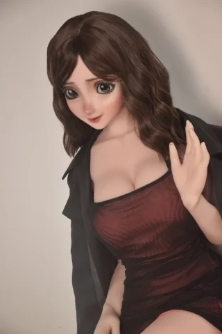 Jenny Miller 148cm is seated, wearing a form-fitting dark red dress and a black jacket, with long wavy hair and a welcoming pose.