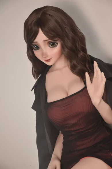 Jenny Miller 148cm anime-style sex doll with long brown hair in dark jacket and maroon dress against simple backdrop