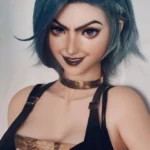 Vibrant animated character with blue hair, purple eyes, confident smile, wearing black choker and strappy top, resembling Kinsley Clark 165cm ElsaBabe love doll.