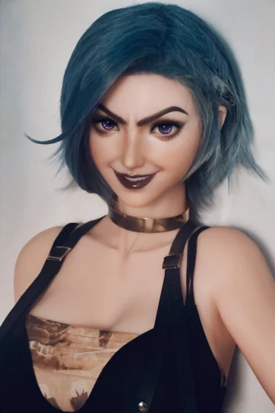 Vibrant animated character with blue hair, purple eyes, confident smile, wearing black choker and strappy top, resembling Kinsley Clark 165cm ElsaBabe love doll.