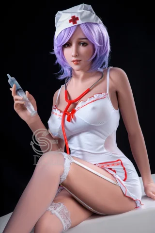 Monica 168cm F Cup #077 SE Doll wearing a nurse outfit with a stethoscope, holding a syringe, and featuring lavender hair.