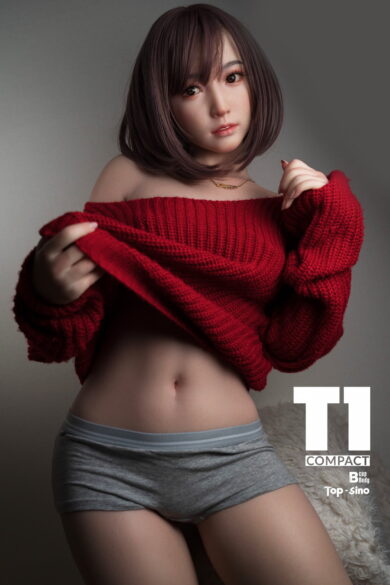 Sex doll in red sweater and gray shorts against neutral background with text T1-C Mixiaoyou T145 Top Sino (4ft10)