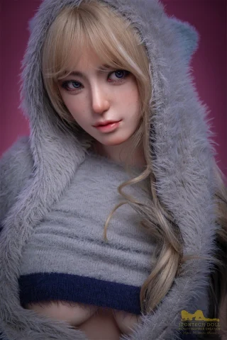Miku S14 164cm Irontech doll wearing a gray hoodie with a furry hood, showing a hint of midriff and long blonde hair.